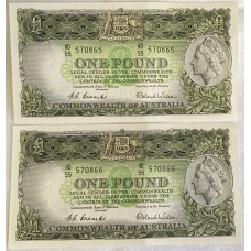 AUSTRALIA 1953 . ONE 1 POUND BANKNOTES . CONSECUTIVE PAIR